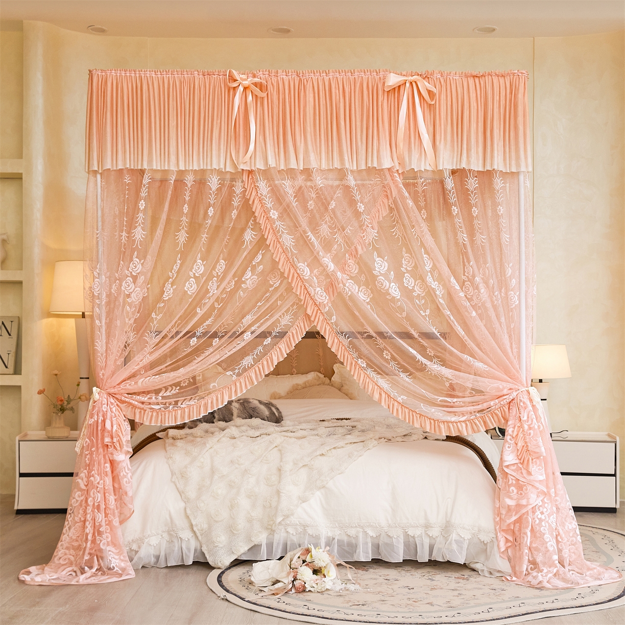 91家纺网 家纺一手货源 找家纺 世婕 2026新款双丝提花落地花边蚊帐-浪漫满屋 浪漫满屋-香妃玉