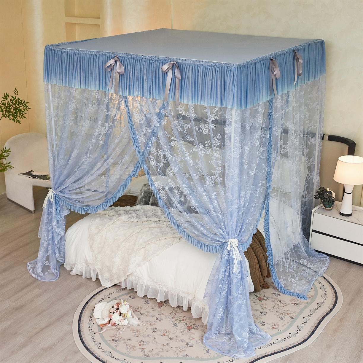 91家纺网 家纺一手货源 找家纺 世婕 2026新款双丝提花落地花边蚊帐-浪漫满屋 浪漫满屋-灰色