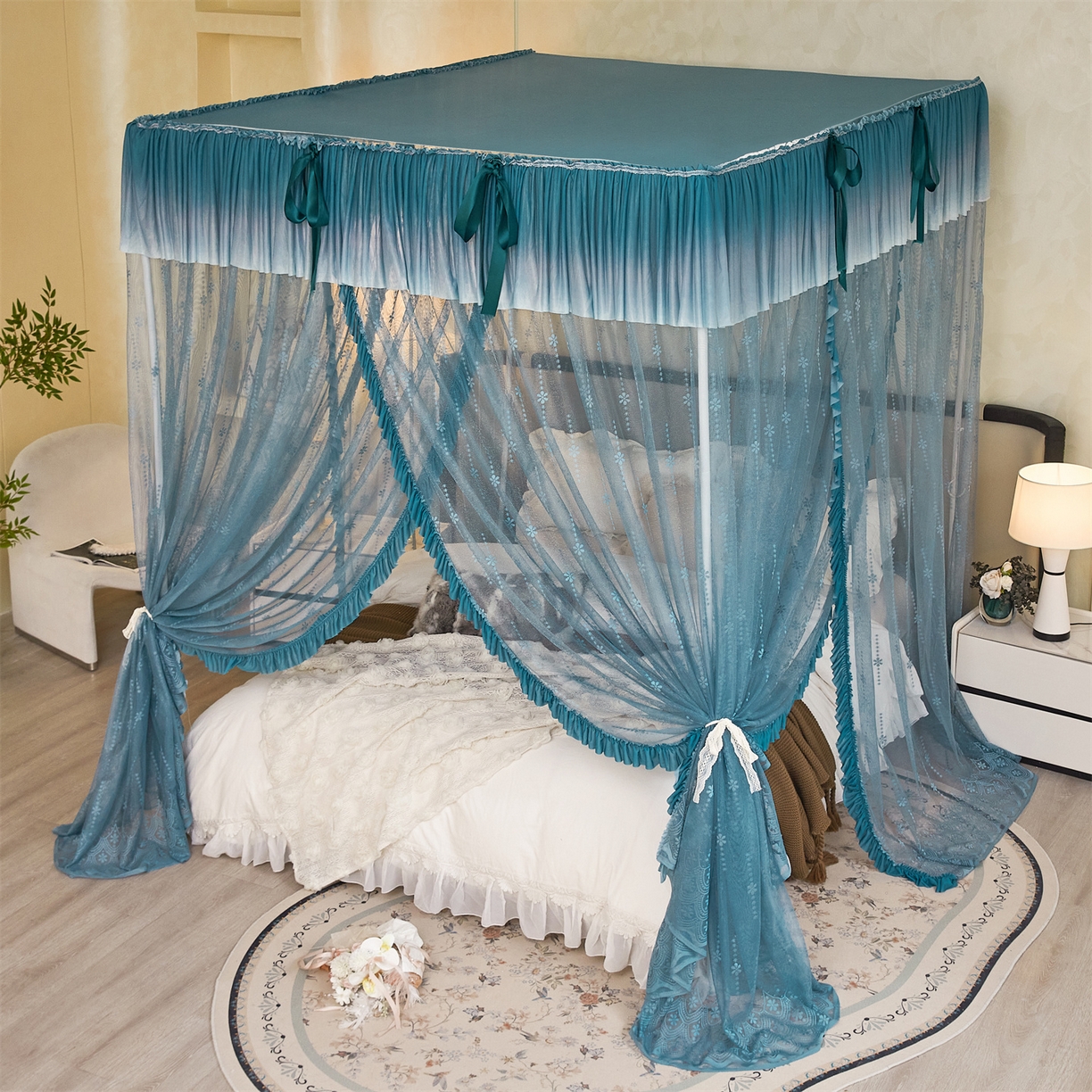 91家纺网 家纺一手货源 找家纺 世婕 2026新款双丝提花落地花边蚊帐-浪漫满屋 浪漫满屋-海岛蓝