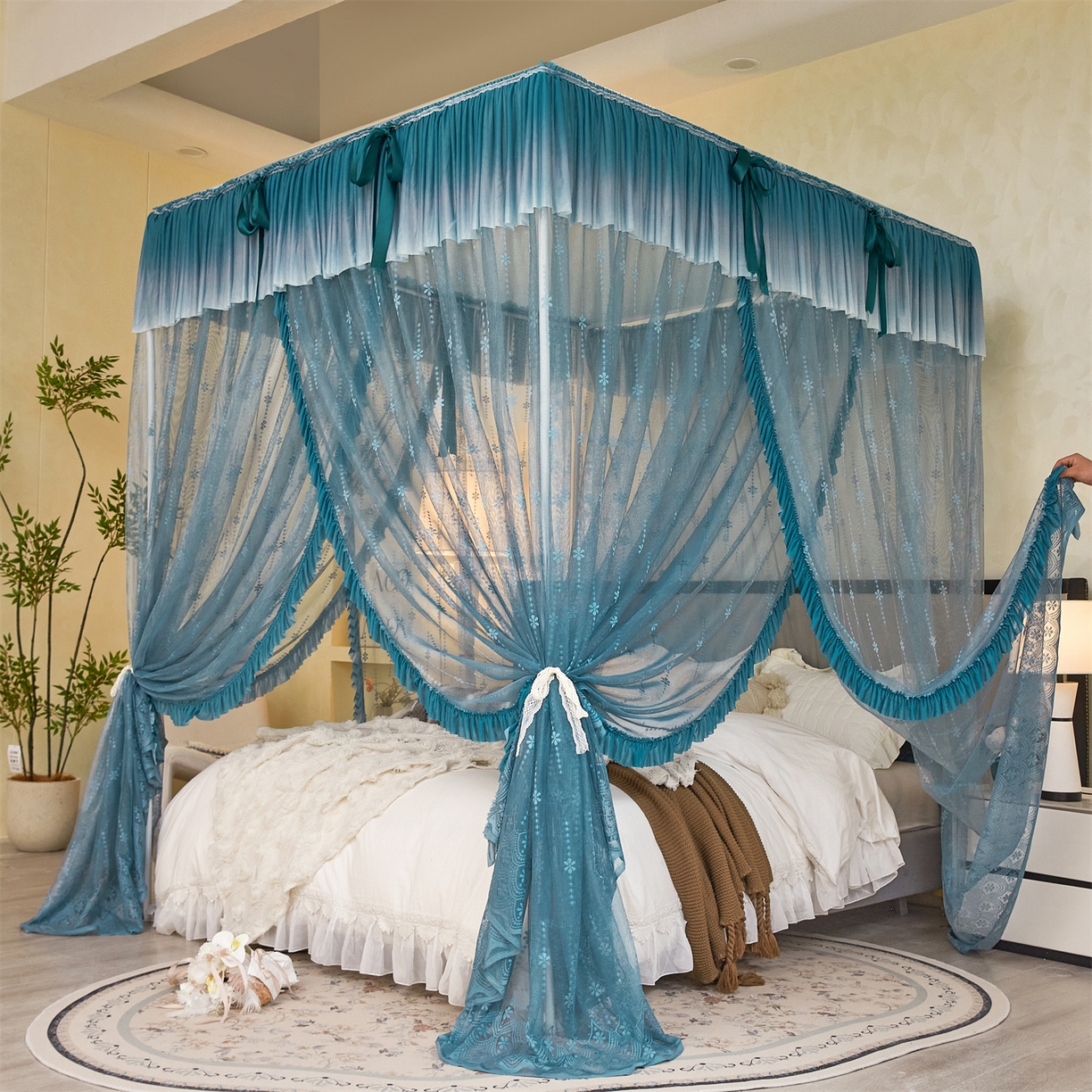 91家纺网 家纺一手货源 找家纺 世婕 2026新款双丝提花落地花边蚊帐-浪漫满屋 浪漫满屋-海岛蓝