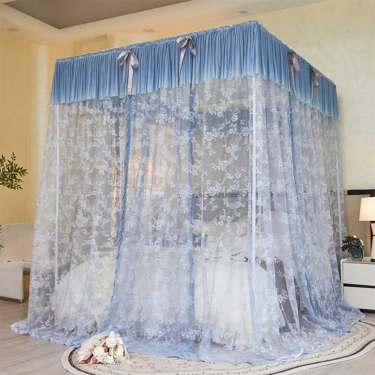 91家纺网 家纺一手货源 找家纺 世婕 2026新款双丝提花落地花边蚊帐-浪漫满屋 浪漫满屋-灰色