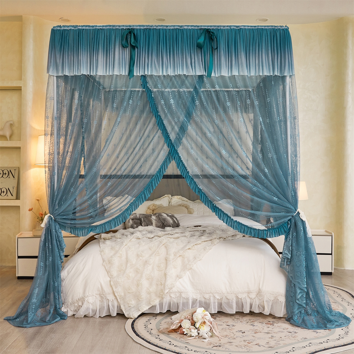 91家纺网 家纺一手货源 找家纺 世婕 2026新款双丝提花落地花边蚊帐-浪漫满屋 浪漫满屋-海岛蓝