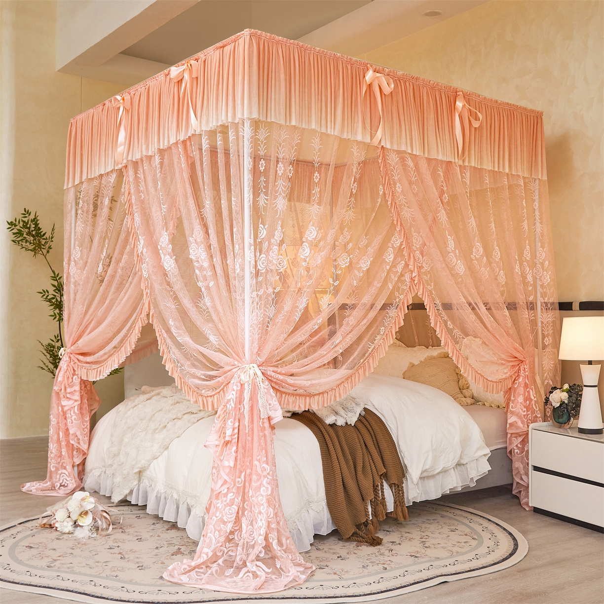 91家纺网 家纺一手货源 找家纺 世婕 2026新款双丝提花落地花边蚊帐-浪漫满屋 浪漫满屋-香妃玉