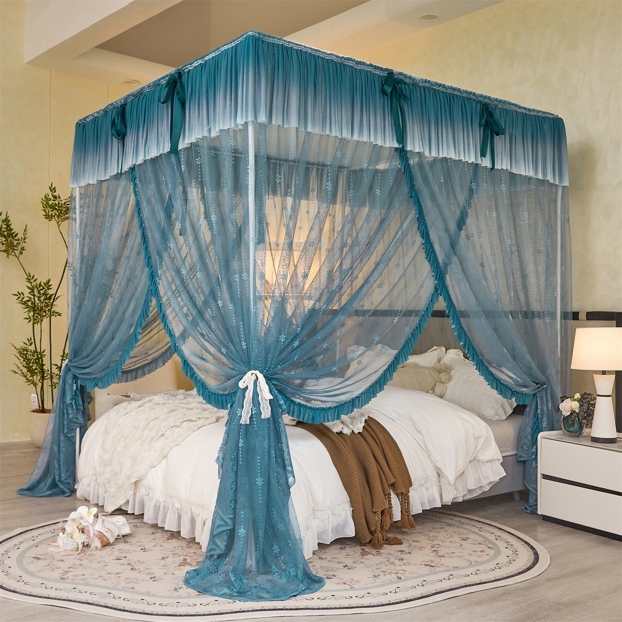 91家纺网 家纺一手货源 找家纺 世婕 2026新款双丝提花落地花边蚊帐-浪漫满屋 浪漫满屋-海岛蓝