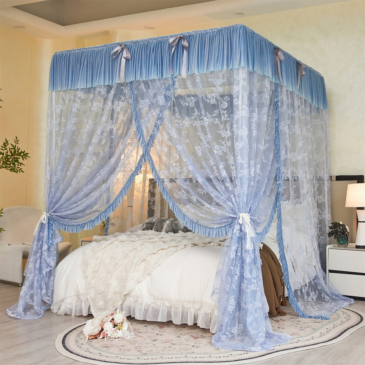 世婕 2026新款双丝提花落地花边蚊帐-浪漫满屋 浪漫满屋-灰色