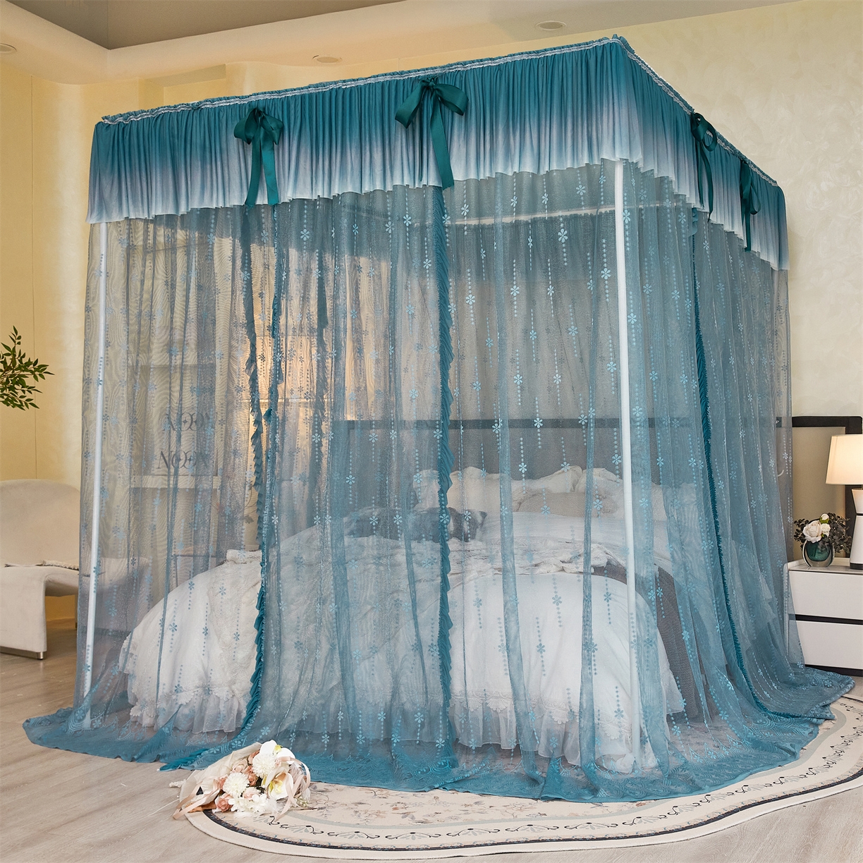 91家纺网 家纺一手货源 找家纺 世婕 2026新款双丝提花落地花边蚊帐-浪漫满屋 浪漫满屋-海岛蓝