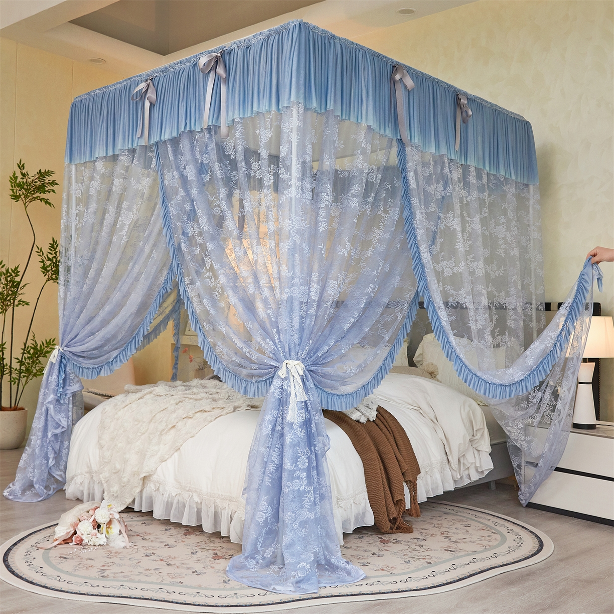 91家纺网 家纺一手货源 找家纺 世婕 2026新款双丝提花落地花边蚊帐-浪漫满屋 浪漫满屋-灰色