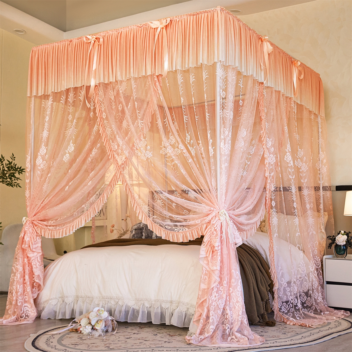 世婕 2026新款双丝提花落地花边蚊帐-浪漫满屋 浪漫满屋-香妃玉