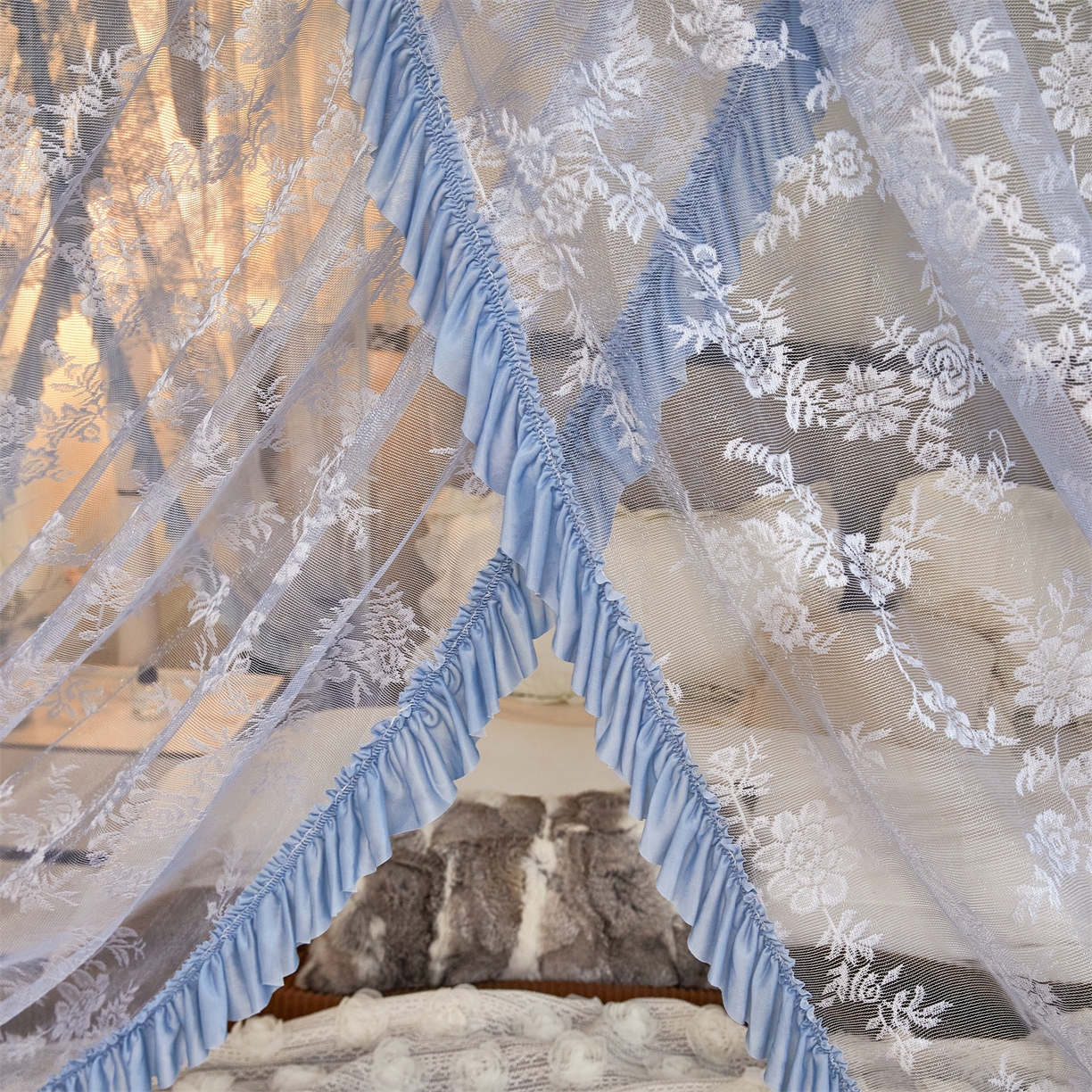 91家纺网 家纺一手货源 找家纺 世婕 2026新款双丝提花落地花边蚊帐-浪漫满屋 浪漫满屋-灰色