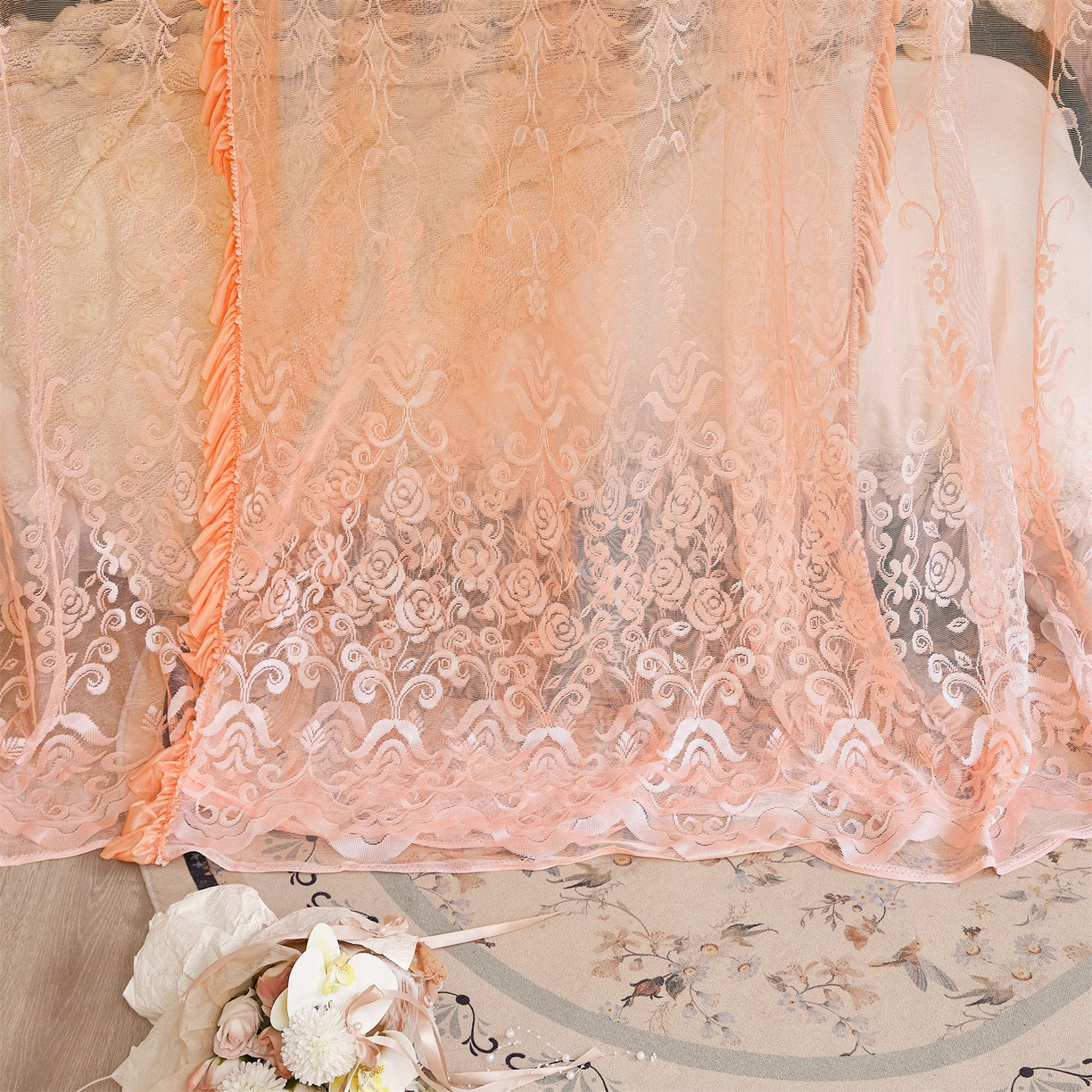 91家纺网 家纺一手货源 找家纺 世婕 2026新款双丝提花落地花边蚊帐-浪漫满屋 浪漫满屋-香妃玉