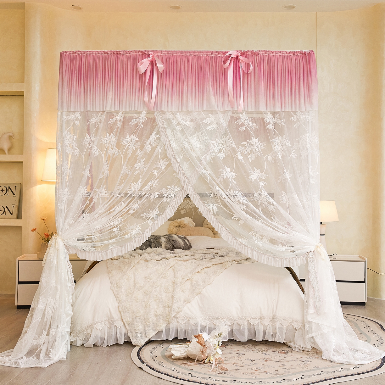 91家纺网 家纺一手货源 找家纺 世婕 2026新款双丝提花落地花边蚊帐-浪漫满屋 浪漫满屋-柔粉白