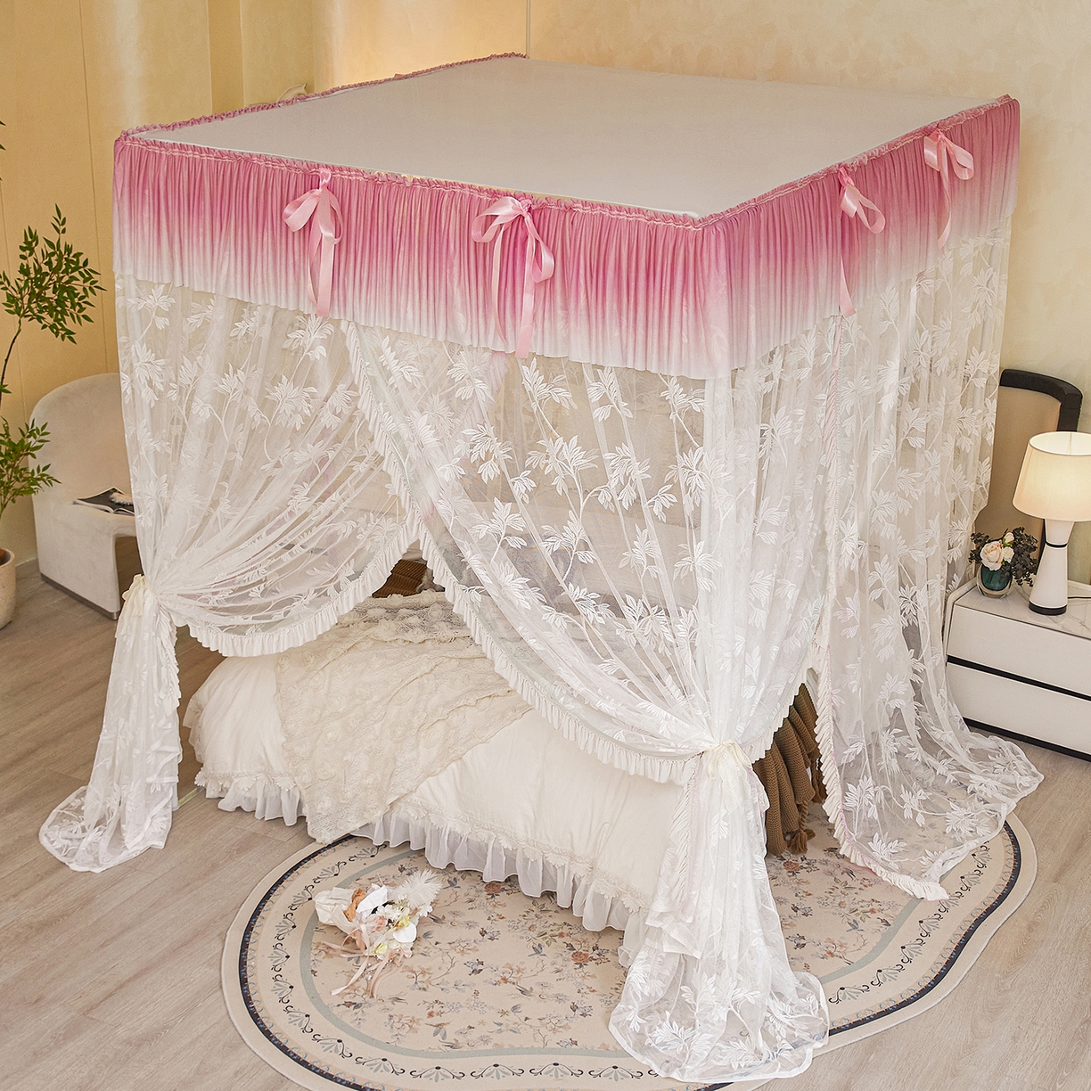 91家纺网 家纺一手货源 找家纺 世婕 2026新款双丝提花落地花边蚊帐-浪漫满屋 浪漫满屋-柔粉白