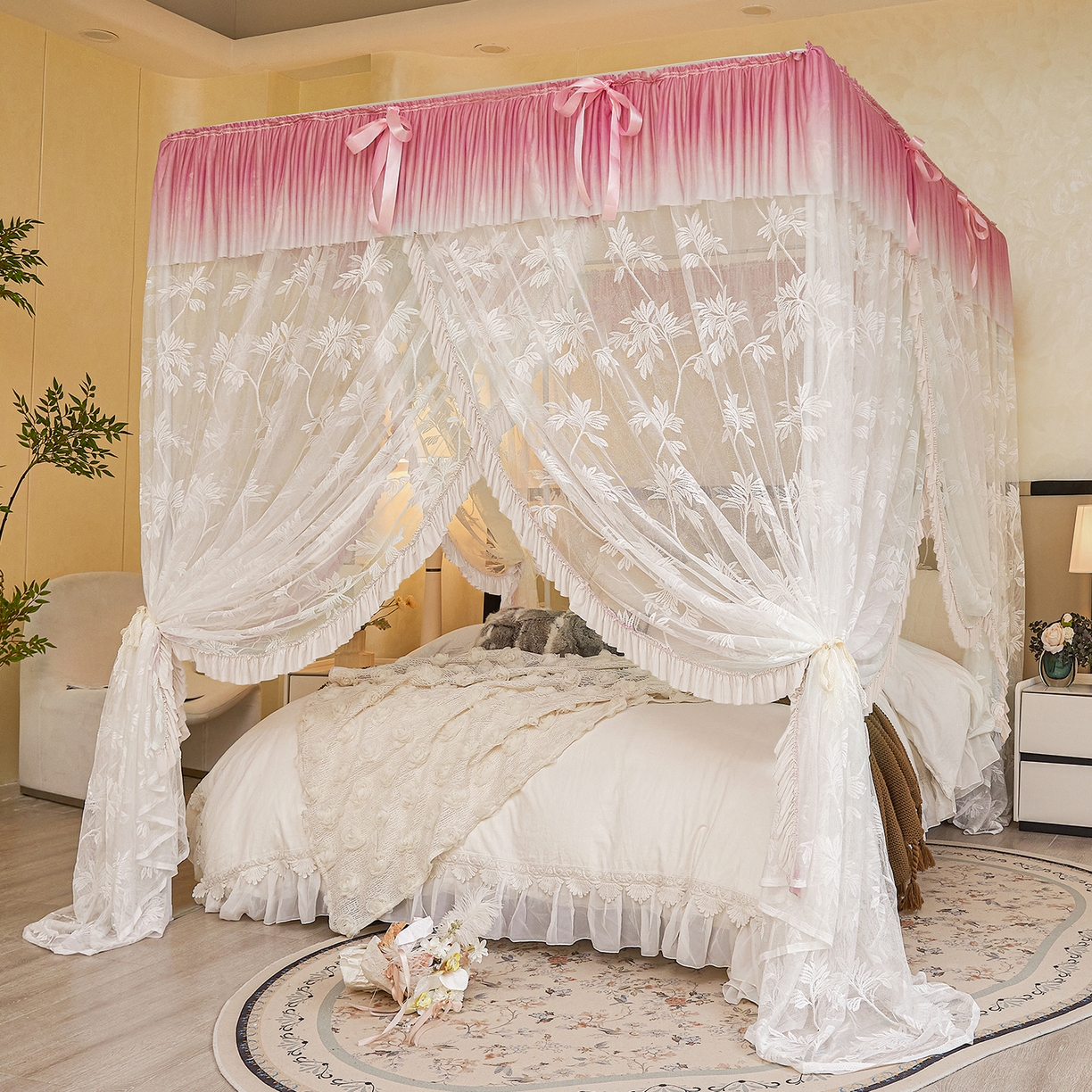 91家纺网 家纺一手货源 找家纺 世婕 2026新款双丝提花落地花边蚊帐-浪漫满屋 浪漫满屋-柔粉白