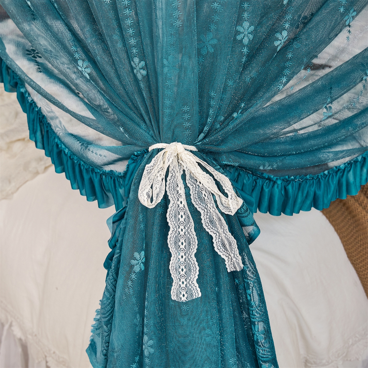 91家纺网 家纺一手货源 找家纺 世婕 2026新款双丝提花落地花边蚊帐-浪漫满屋 浪漫满屋-海岛蓝