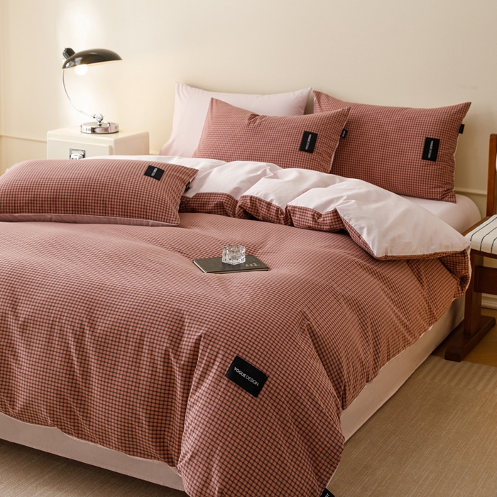 91家纺网 家纺一手货源 找家纺 卡姿家纺 2026春夏色织水洗棉无印复古风格 梵舍粉