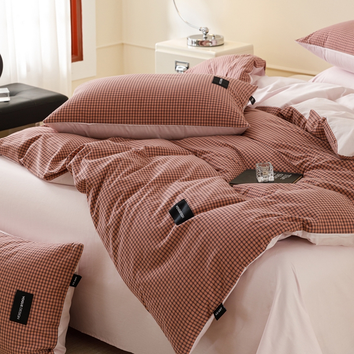 91家纺网 家纺一手货源 找家纺 卡姿家纺 2026春夏色织水洗棉无印复古风格 梵舍粉