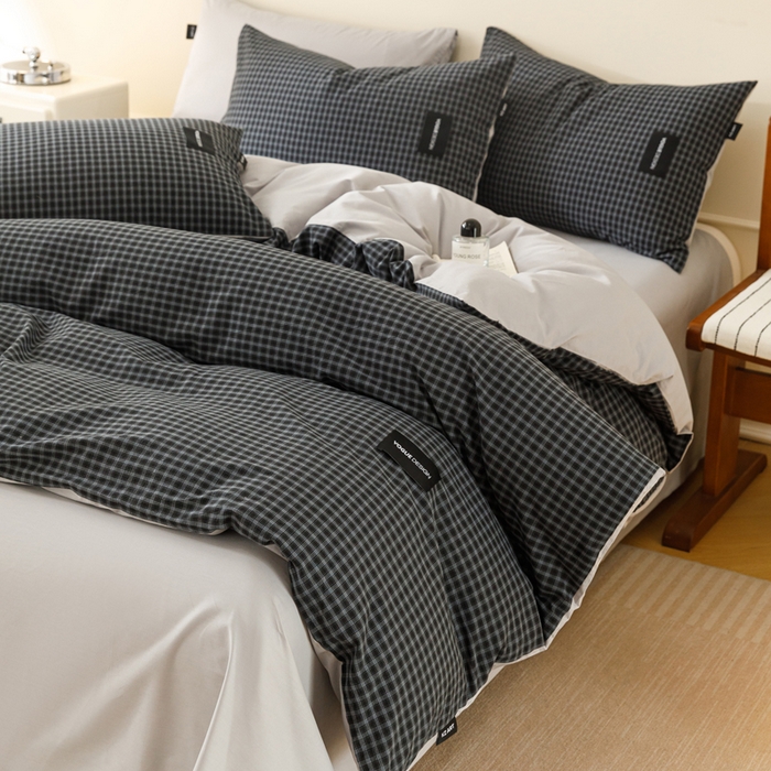 91家纺网 家纺一手货源 找家纺 卡姿家纺 2026春夏色织水洗棉无印复古风格 空野蓝黑