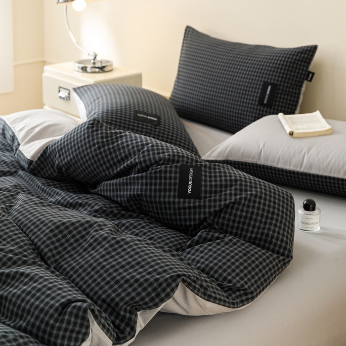 91家纺网 家纺一手货源 找家纺 卡姿家纺 2026春夏色织水洗棉无印复古风格 空野蓝黑