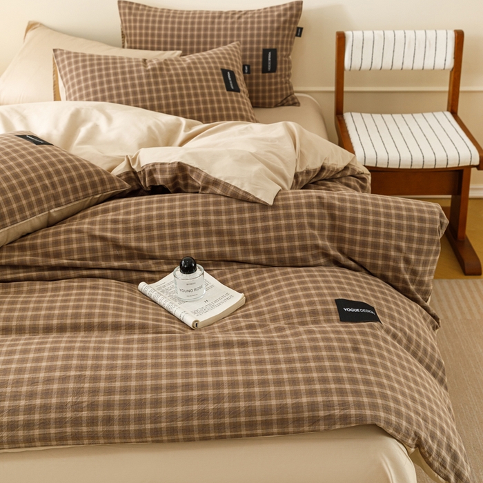 91家纺网 家纺一手货源 找家纺 卡姿家纺 2026春夏色织水洗棉无印复古风格 北泽深咖