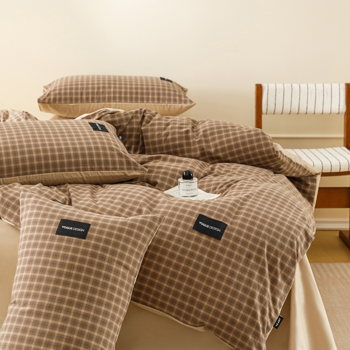 91家纺网 家纺一手货源 找家纺 卡姿家纺 2026春夏色织水洗棉无印复古风格 北泽深咖