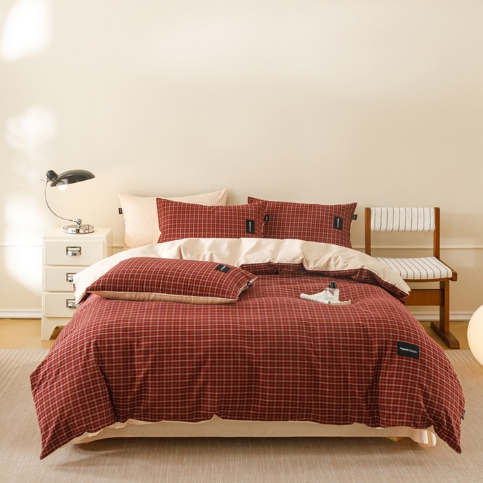 91家纺网 家纺一手货源 找家纺 卡姿家纺 2026春夏色织水洗棉无印复古风格 旷野红