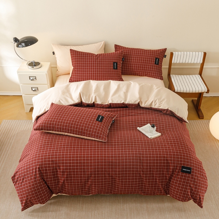 91家纺网 家纺一手货源 找家纺 卡姿家纺 2026春夏色织水洗棉无印复古风格 旷野红