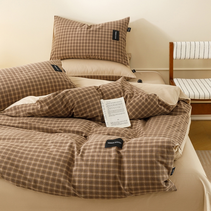 91家纺网 家纺一手货源 找家纺 卡姿家纺 2026春夏色织水洗棉无印复古风格 北泽深咖