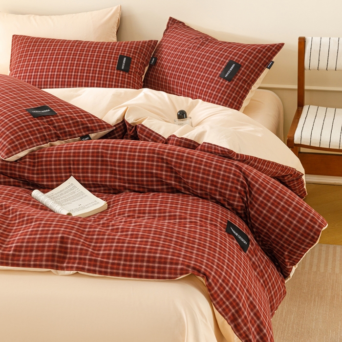 91家纺网 家纺一手货源 找家纺 卡姿家纺 2026春夏色织水洗棉无印复古风格 旷野红