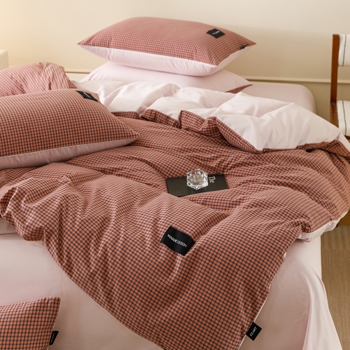 91家纺网 家纺一手货源 找家纺 卡姿家纺 2026春夏色织水洗棉无印复古风格 梵舍粉