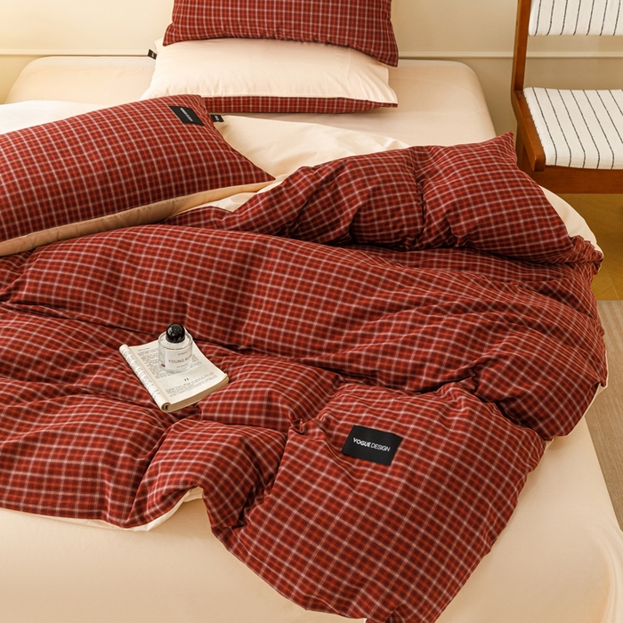 91家纺网 家纺一手货源 找家纺 卡姿家纺 2026春夏色织水洗棉无印复古风格 旷野红