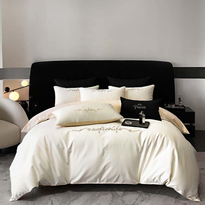 91家纺网 家纺一手货源 找家纺 禧澜庭 2026新款高支纯棉全棉斜纹四件套刺绣绣花款轻奢三件套--卡罗系列 皓月白+卡其