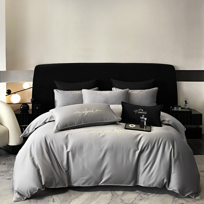 91家纺网 家纺一手货源 找家纺 禧澜庭 2026新款高支纯棉全棉斜纹四件套刺绣绣花款轻奢三件套--卡罗系列 布鲁灰