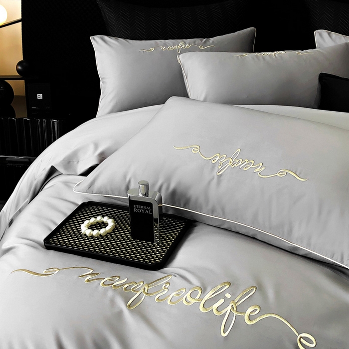 91家纺网 家纺一手货源 找家纺 禧澜庭 2026新款高支纯棉全棉斜纹四件套刺绣绣花款轻奢三件套--卡罗系列 布鲁灰