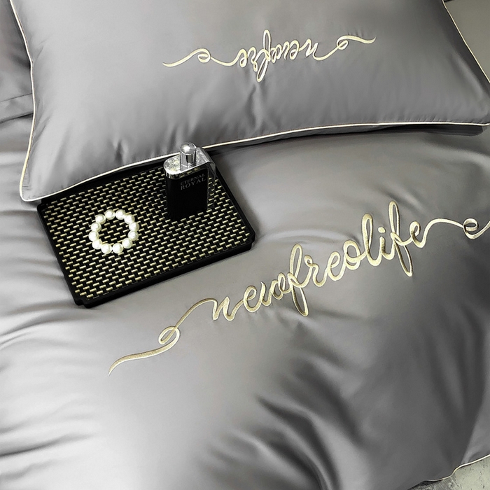 91家纺网 家纺一手货源 找家纺 禧澜庭 2026新款高支纯棉全棉斜纹四件套刺绣绣花款轻奢三件套--卡罗系列 布鲁灰