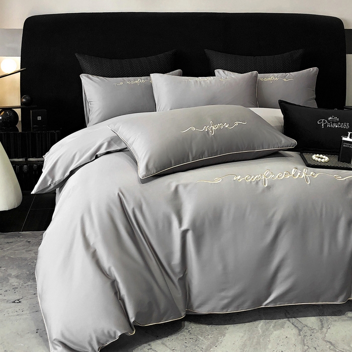 91家纺网 家纺一手货源 找家纺 禧澜庭 2026新款高支纯棉全棉斜纹四件套刺绣绣花款轻奢三件套--卡罗系列 布鲁灰