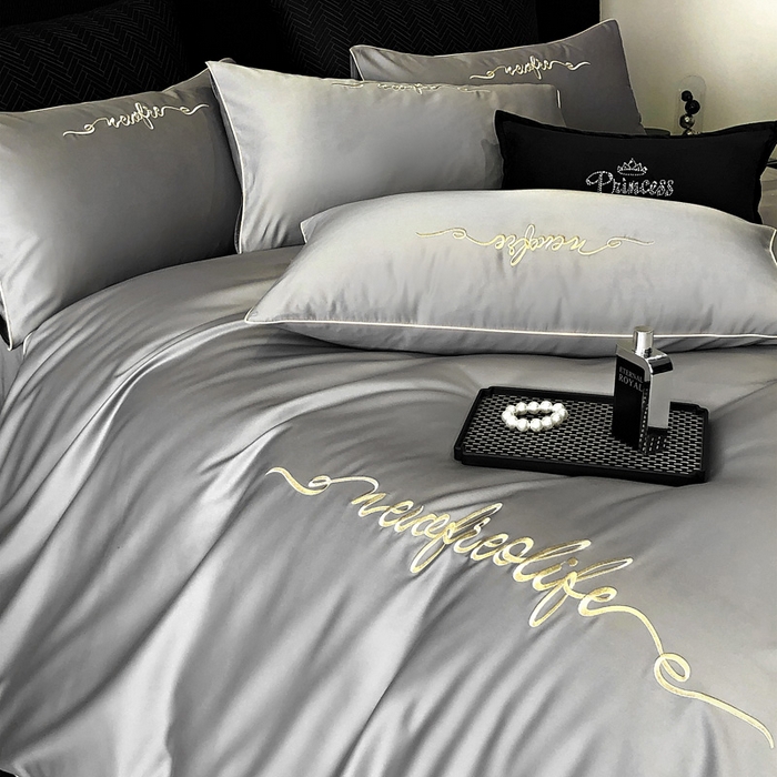 91家纺网 家纺一手货源 找家纺 禧澜庭 2026新款高支纯棉全棉斜纹四件套刺绣绣花款轻奢三件套--卡罗系列 布鲁灰