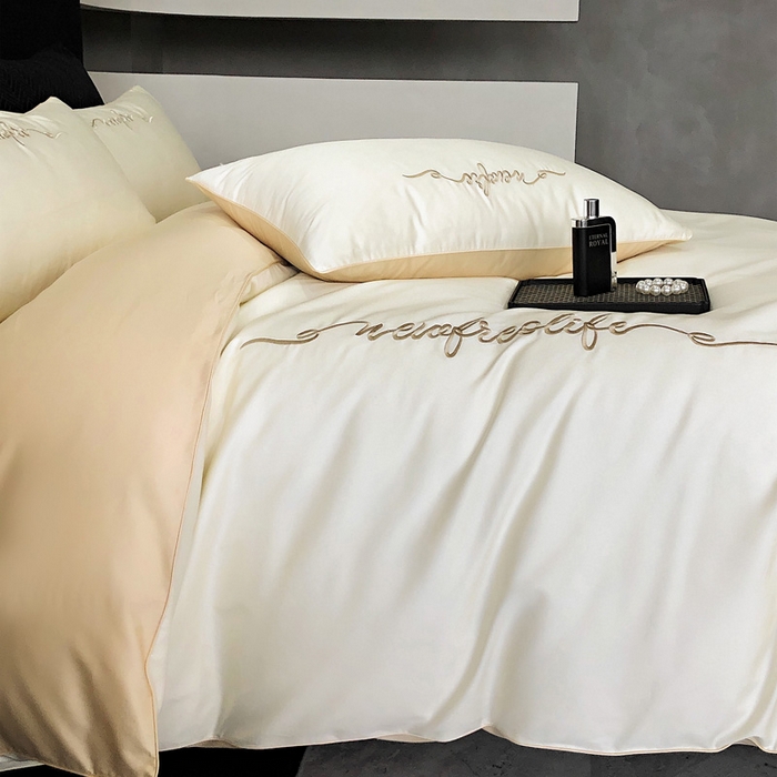 91家纺网 家纺一手货源 找家纺 禧澜庭 2026新款高支纯棉全棉斜纹四件套刺绣绣花款轻奢三件套--卡罗系列 皓月白+卡其