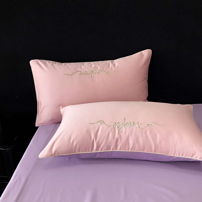 91家纺网 家纺一手货源 找家纺 禧澜庭 2026新款高支纯棉全棉斜纹四件套刺绣绣花款轻奢三件套--卡罗系列 戴妃粉+魅紫