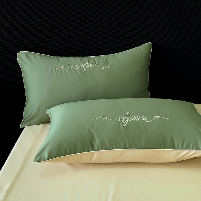 91家纺网 家纺一手货源 找家纺 禧澜庭 2026新款高支纯棉全棉斜纹四件套刺绣绣花款轻奢三件套--卡罗系列 莺茶绿+卡其