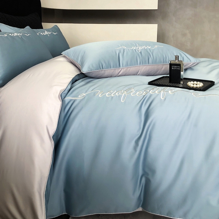 91家纺网 家纺一手货源 找家纺 禧澜庭 2026新款高支纯棉全棉斜纹四件套刺绣绣花款轻奢三件套--卡罗系列 魅力蓝+浅灰