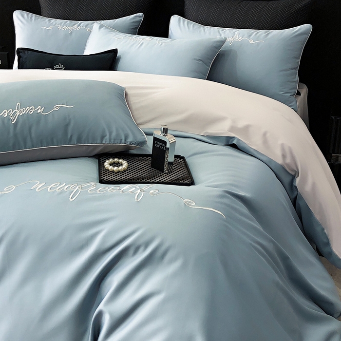 91家纺网 家纺一手货源 找家纺 禧澜庭 2026新款高支纯棉全棉斜纹四件套刺绣绣花款轻奢三件套--卡罗系列 魅力蓝+浅灰