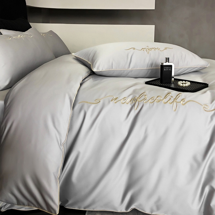 91家纺网 家纺一手货源 找家纺 禧澜庭 2026新款高支纯棉全棉斜纹四件套刺绣绣花款轻奢三件套--卡罗系列 月光灰