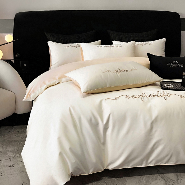 91家纺网 家纺一手货源 找家纺 禧澜庭 2026新款高支纯棉全棉斜纹四件套刺绣绣花款轻奢三件套--卡罗系列 皓月白+卡其