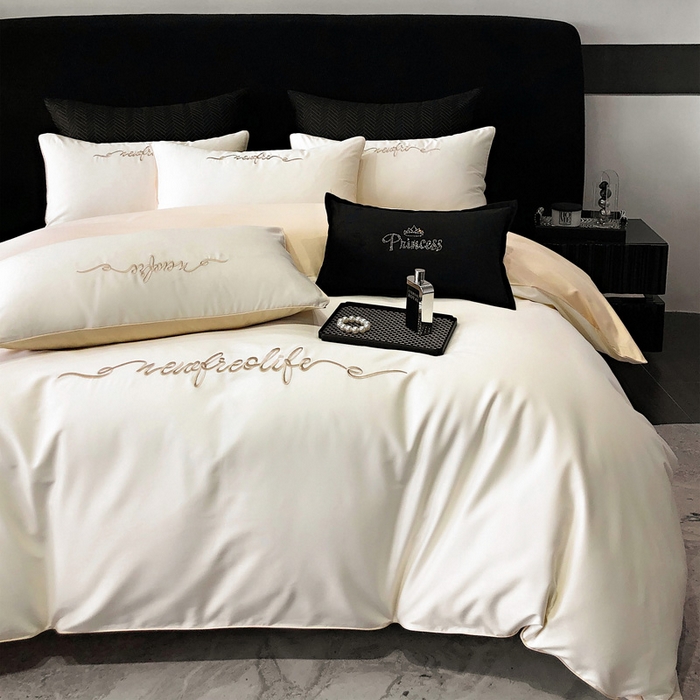 91家纺网 家纺一手货源 找家纺 禧澜庭 2026新款高支纯棉全棉斜纹四件套刺绣绣花款轻奢三件套--卡罗系列 皓月白+卡其