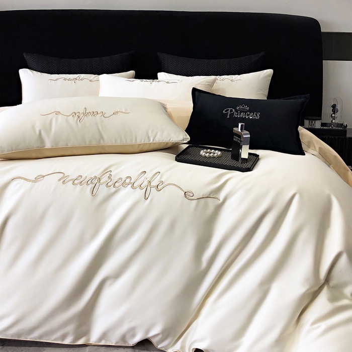 91家纺网 家纺一手货源 找家纺 禧澜庭 2026新款高支纯棉全棉斜纹四件套刺绣绣花款轻奢三件套--卡罗系列 皓月白+卡其