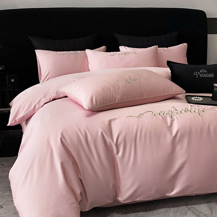 91家纺网 家纺一手货源 找家纺 禧澜庭 2026新款高支纯棉全棉斜纹四件套刺绣绣花款轻奢三件套--卡罗系列 戴妃粉