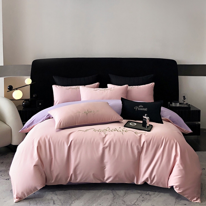 禧澜庭 2026新款高支纯棉全棉斜纹四件套刺绣绣花款轻奢三件套--卡罗系列 戴妃粉+魅紫