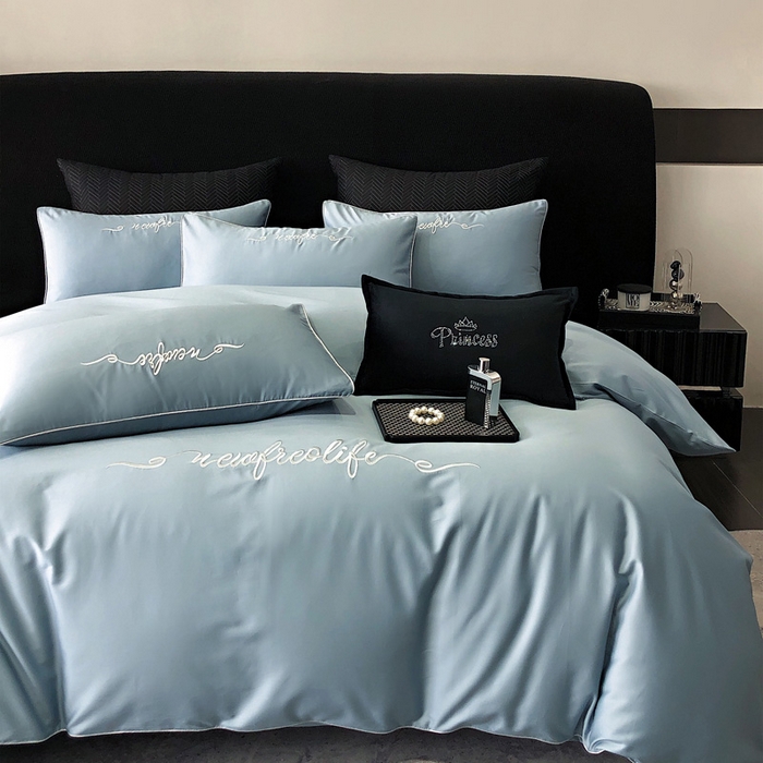 91家纺网 家纺一手货源 找家纺 禧澜庭 2026新款高支纯棉全棉斜纹四件套刺绣绣花款轻奢三件套--卡罗系列 魅力蓝