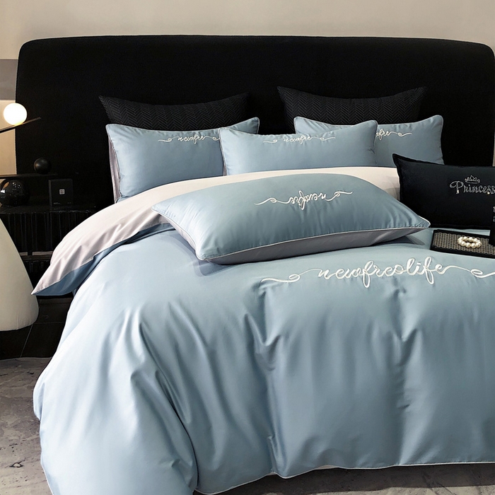 91家纺网 家纺一手货源 找家纺 禧澜庭 2026新款高支纯棉全棉斜纹四件套刺绣绣花款轻奢三件套--卡罗系列 魅力蓝+浅灰