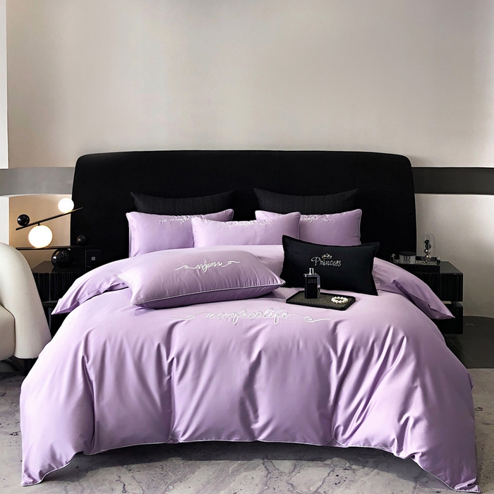 禧澜庭 2026新款高支纯棉全棉斜纹四件套刺绣绣花款轻奢三件套--卡罗系列 珠光紫